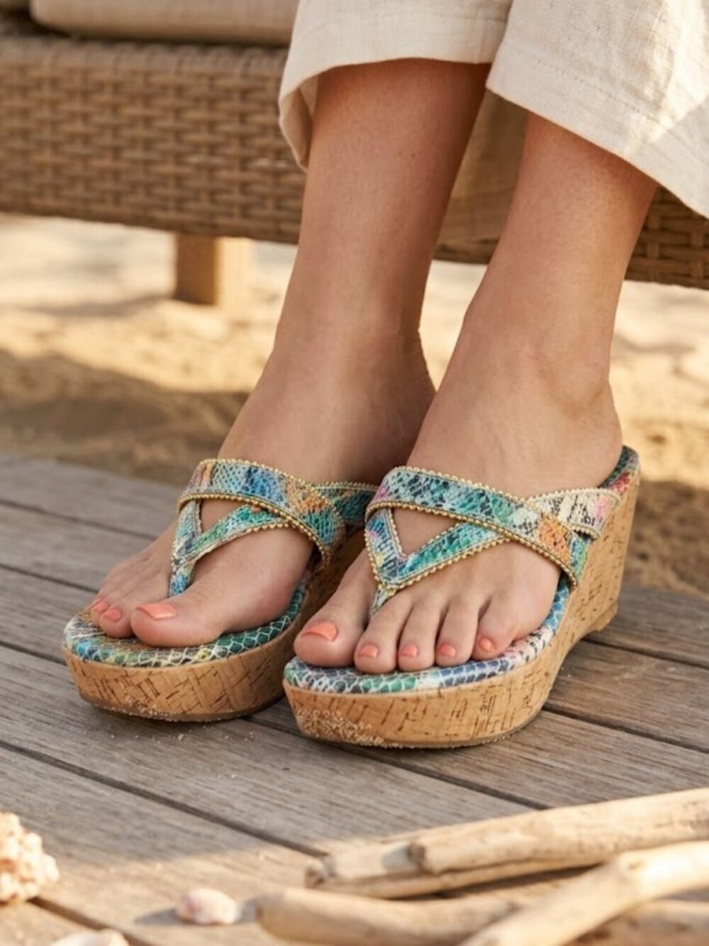 Stuart Weitzman St Barth Multi Color Snakeskin Print Cork Wedges Size 36.5 US 6